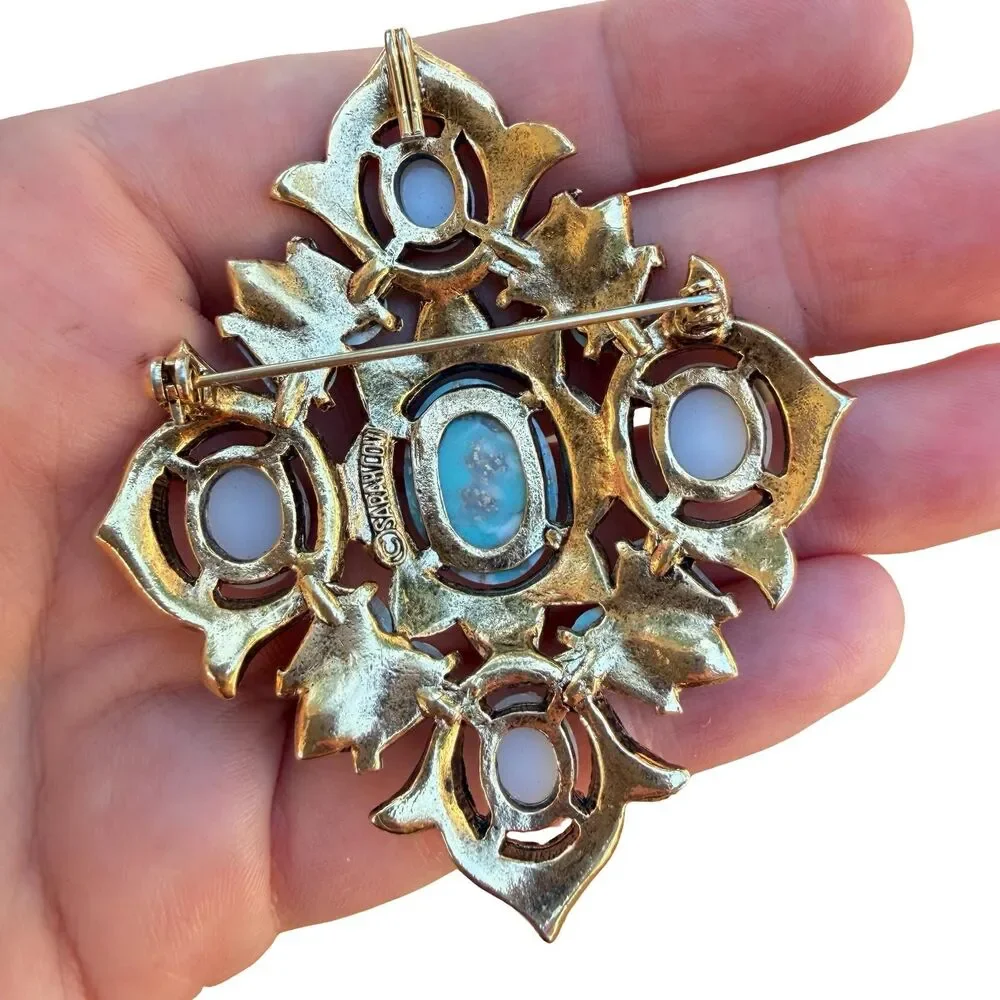 Vintage Sarah Coventry Remembrance Pendant Brooch 1968 Pin Faux Pearl Cab Stones